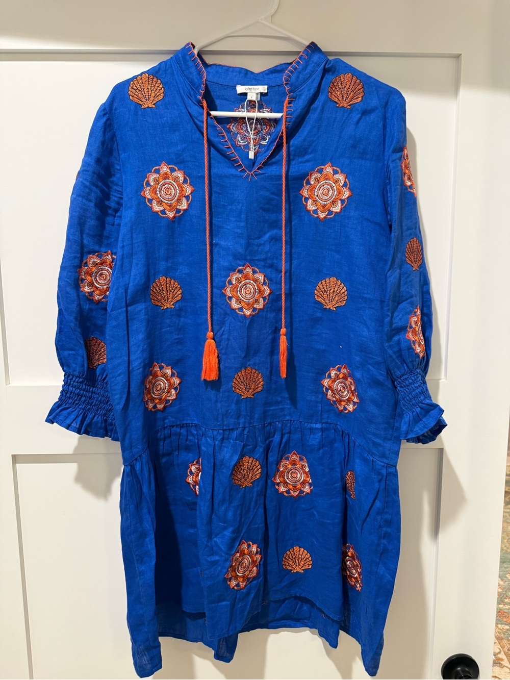 Tyler Boe Embroidered orange seashells Blue Boho Tunic Dress